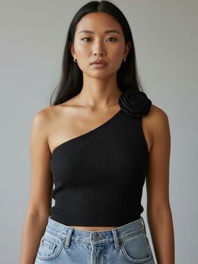 NWT American Eagle One-Shoulder Black Ribbed Top with Rosette